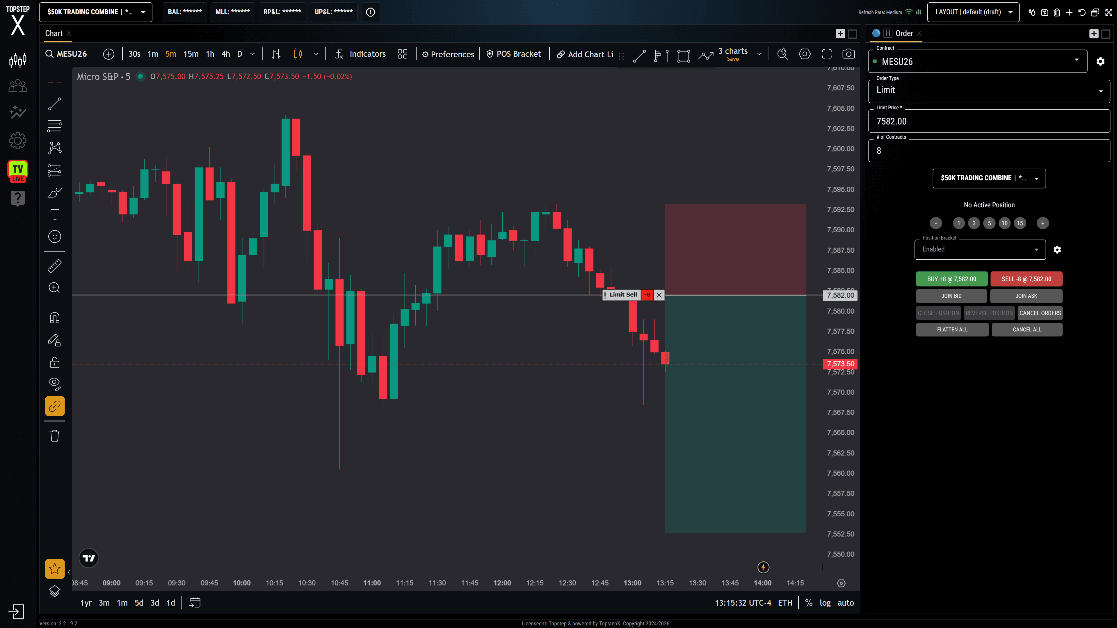 TopstepX chart with a risk/reward box drawn — what the extension reads